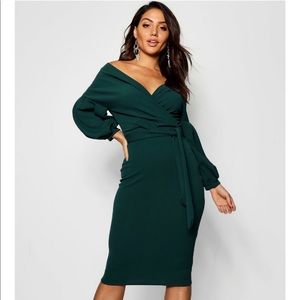 Emerald green off the shoulder midi dress